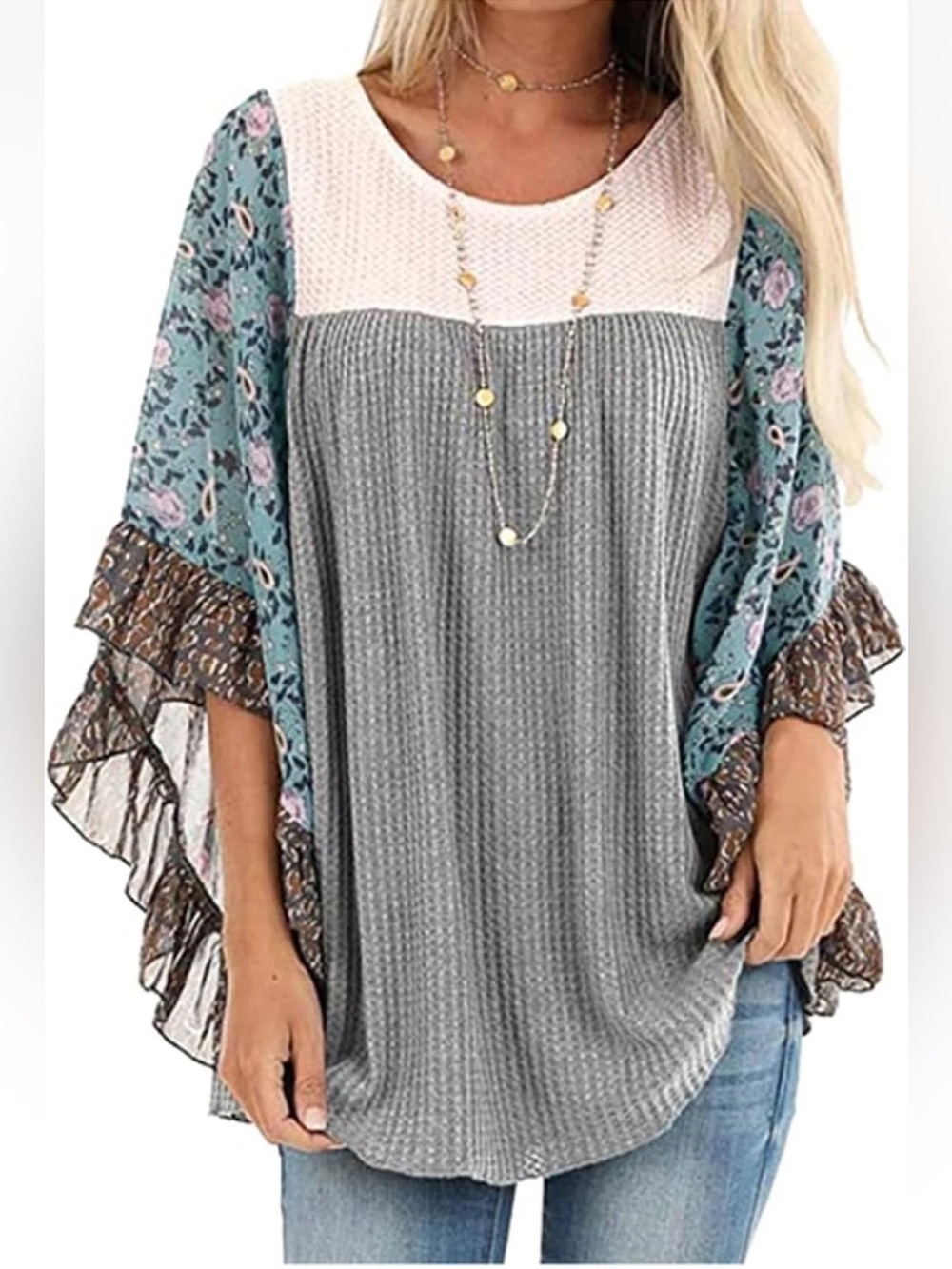 XXL Boho Floral Sleeve Colorblock Waffle Knit Top Sheer Sleeve - Gray White Blue